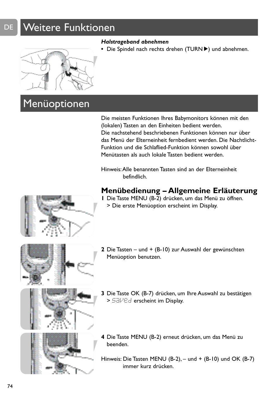 Weitere funktionen menüoptionen, Menübedienung – allgemeine erläuterung | Philips SCD489 User Manual | Page 74 / 244