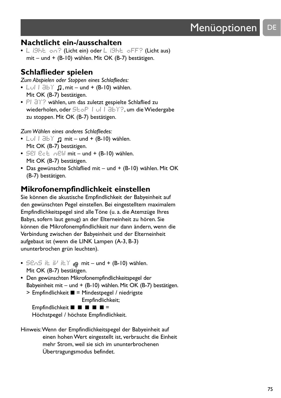 Menüoptionen, Nachtlicht ein-/ausschalten, Schlaflieder spielen | Mikrofonempfindlichkeit einstellen | Philips SCD489 User Manual | Page 75 / 244