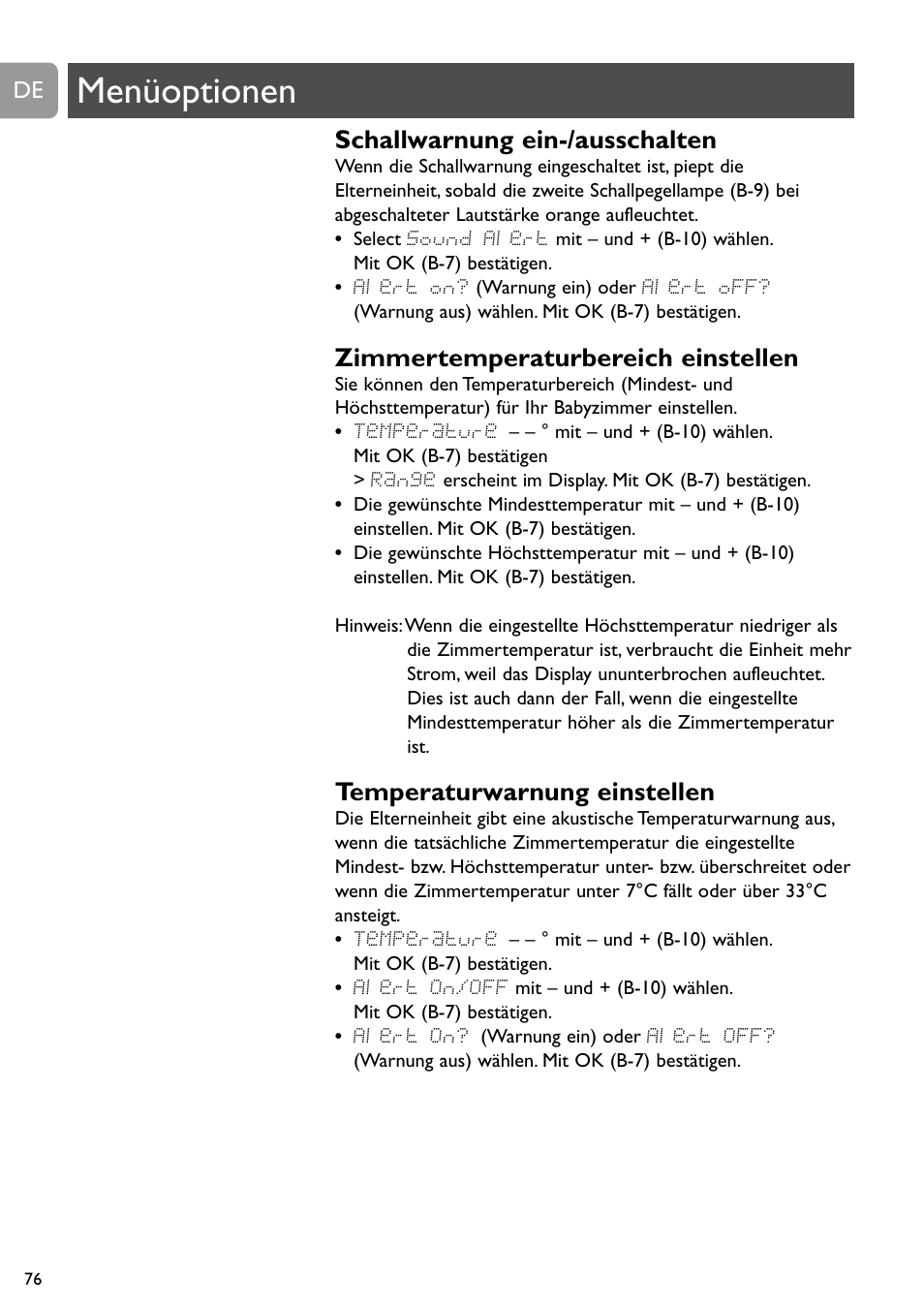 Menüoptionen, Schallwarnung ein-/ausschalten, Zimmertemperaturbereich einstellen | Temperaturwarnung einstellen | Philips SCD489 User Manual | Page 76 / 244