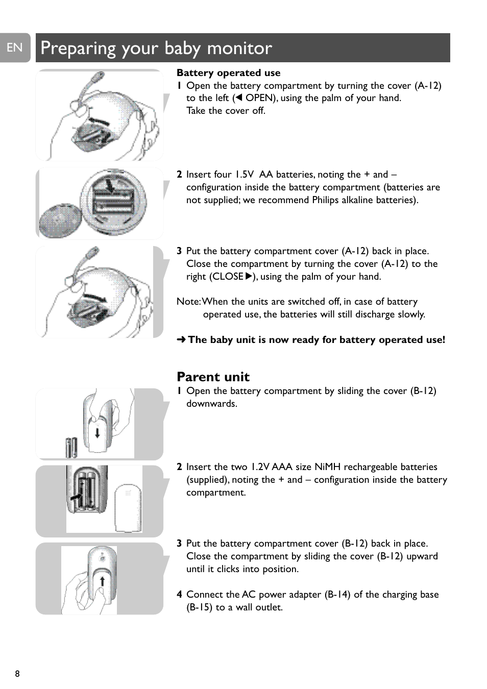 Preparing your baby monitor, Parent unit | Philips SCD489 User Manual | Page 8 / 244