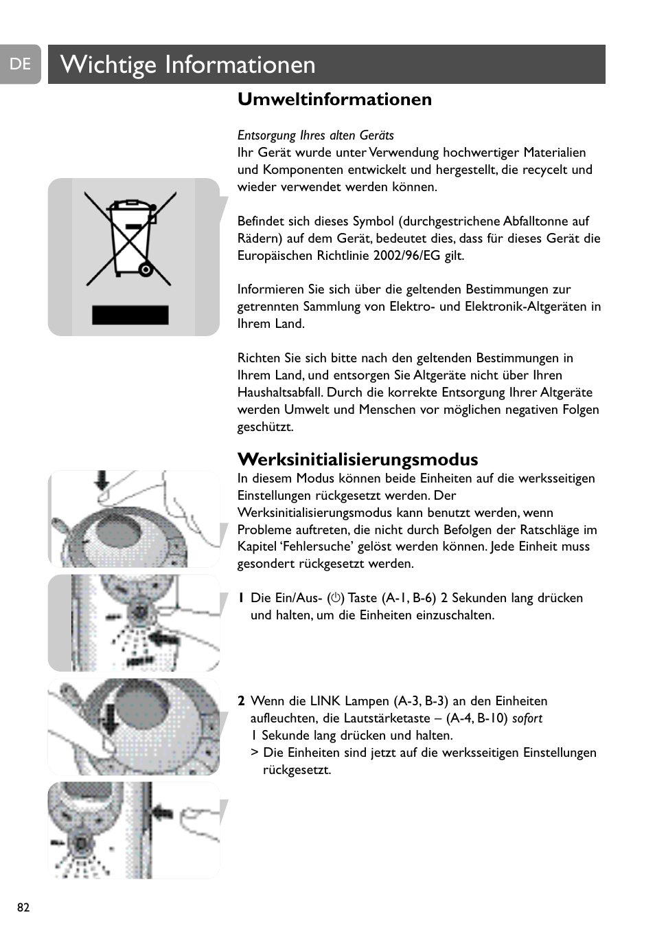 Wichtige informationen, Umweltinformationen, Werksinitialisierungsmodus | Philips SCD489 User Manual | Page 82 / 244