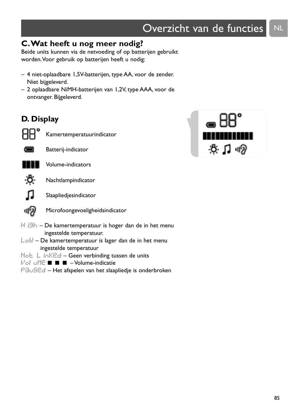 Overzicht van de functies, C.wat heeft u nog meer nodig, D. display | Philips SCD489 User Manual | Page 85 / 244