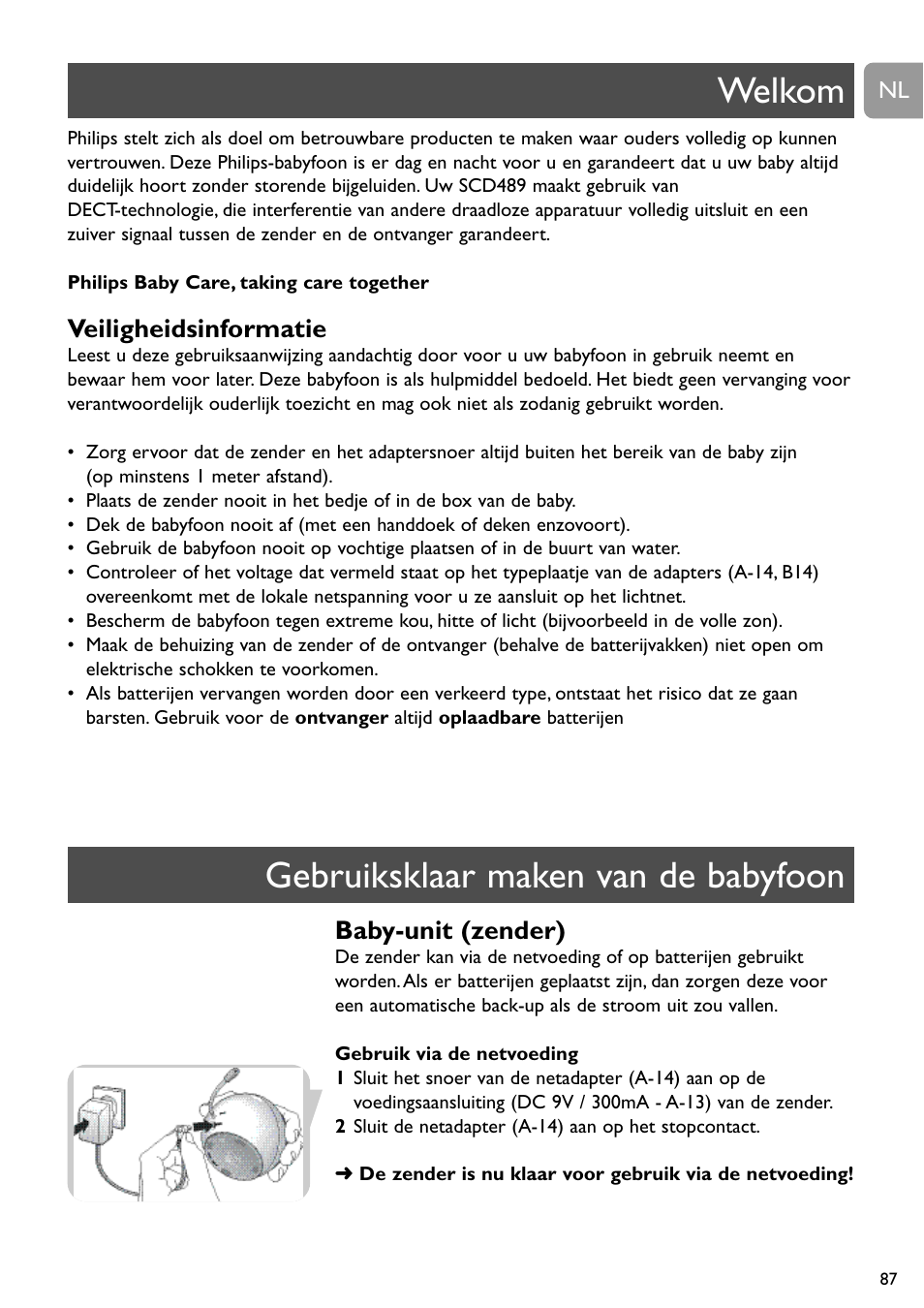 Welkom gebruiksklaar maken van de babyfoon, Veiligheidsinformatie, Baby-unit (zender) | Philips SCD489 User Manual | Page 87 / 244