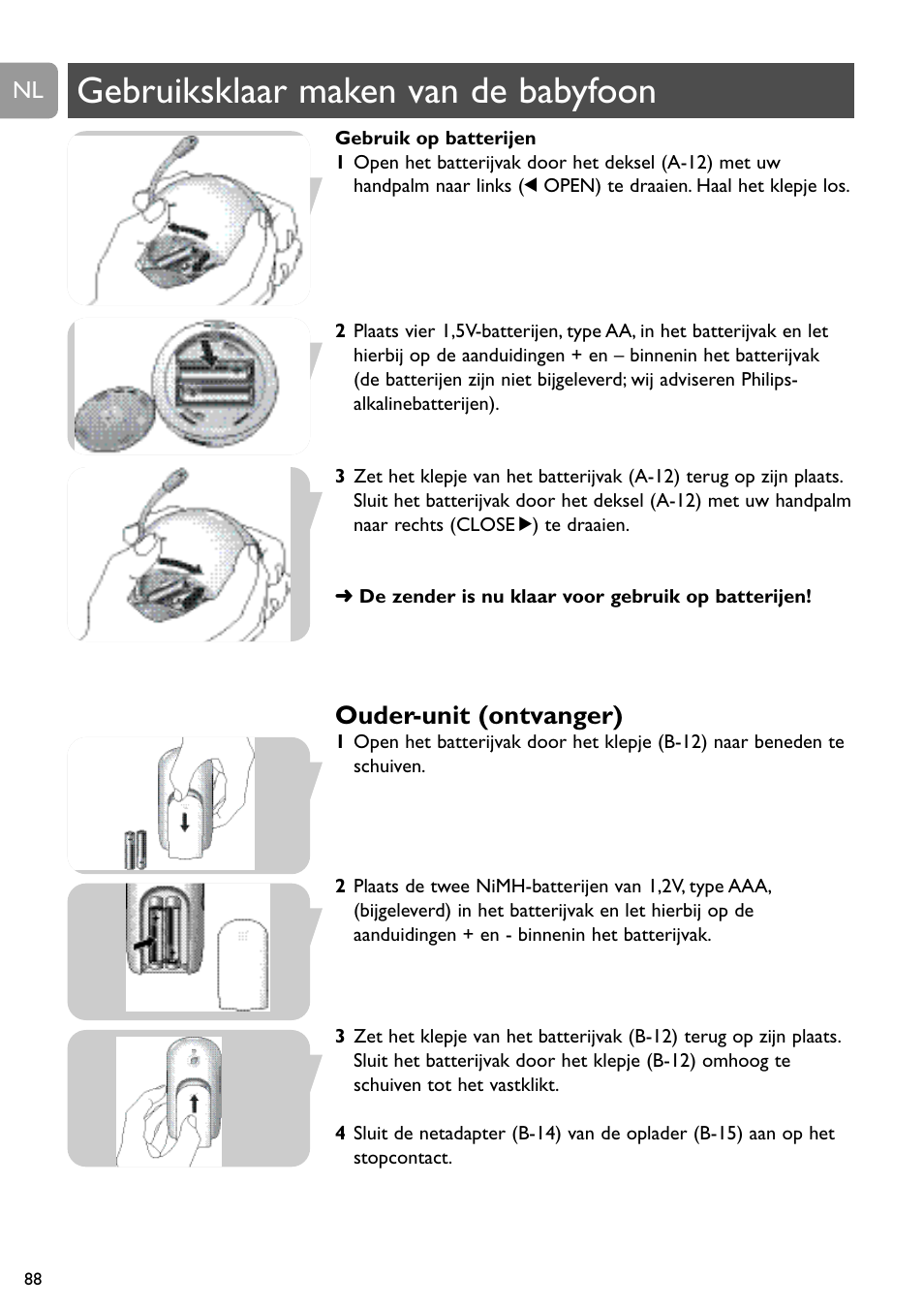 Gebruiksklaar maken van de babyfoon, Ouder-unit (ontvanger) | Philips SCD489 User Manual | Page 88 / 244