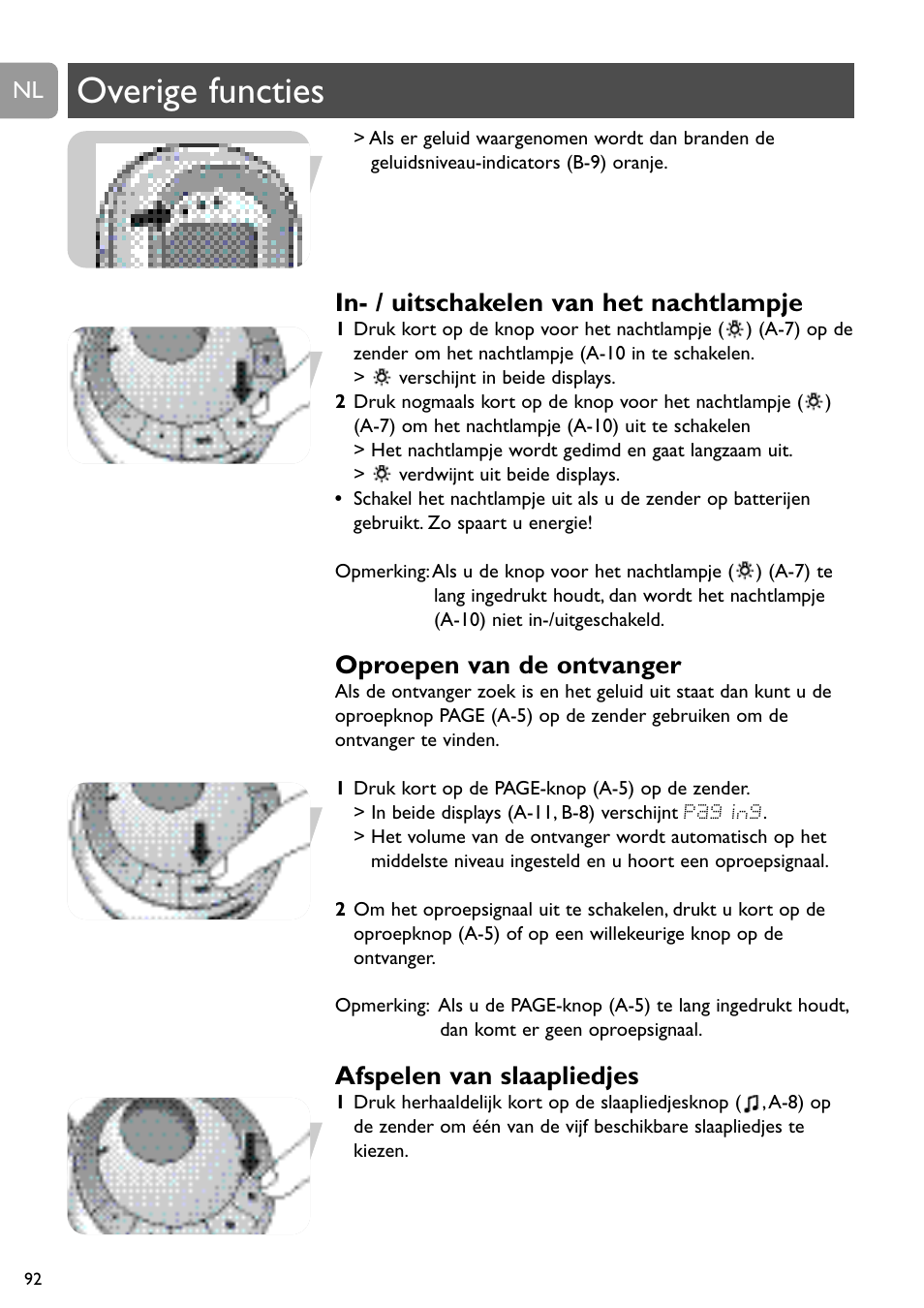 Overige functies, In- / uitschakelen van het nachtlampje, Oproepen van de ontvanger | Afspelen van slaapliedjes | Philips SCD489 User Manual | Page 92 / 244