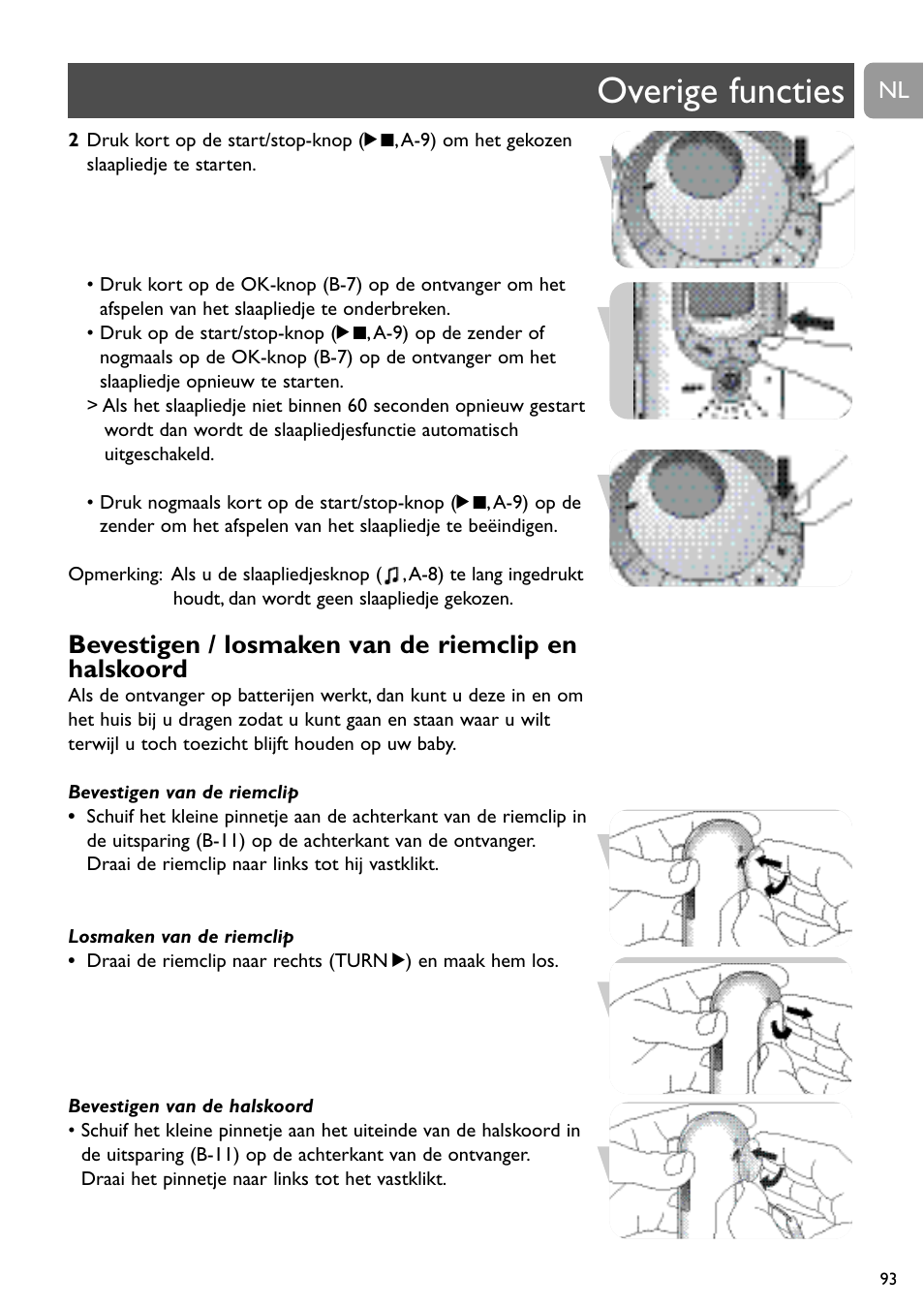 Overige functies, Bevestigen / losmaken van de riemclip en halskoord | Philips SCD489 User Manual | Page 93 / 244