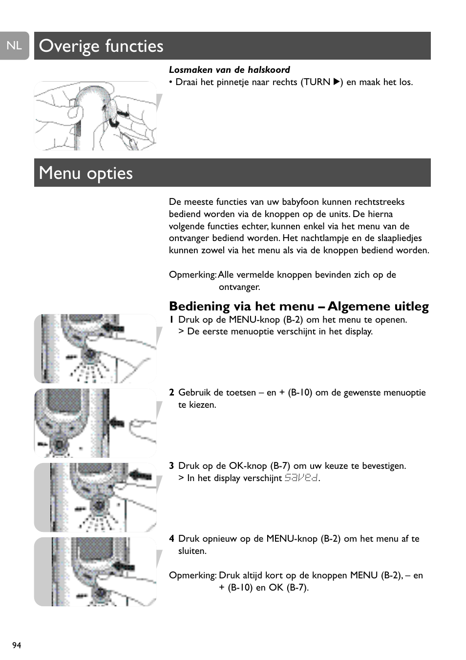 Overige functies menu opties, Bediening via het menu – algemene uitleg | Philips SCD489 User Manual | Page 94 / 244