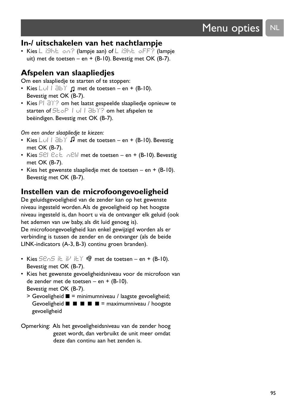 Menu opties, In-/ uitschakelen van het nachtlampje, Afspelen van slaapliedjes | Instellen van de microfoongevoeligheid | Philips SCD489 User Manual | Page 95 / 244