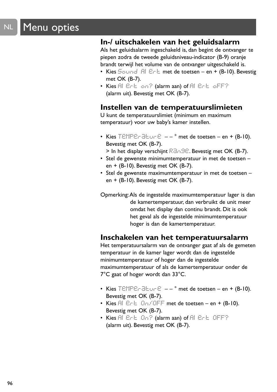 Menu opties, In-/ uitschakelen van het geluidsalarm, Instellen van de temperatuurslimieten | Inschakelen van het temperatuursalarm | Philips SCD489 User Manual | Page 96 / 244