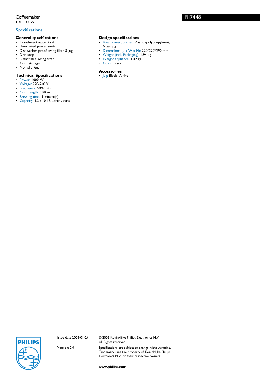Ri7448 | Philips Walita RI7448 User Manual | Page 2 / 2