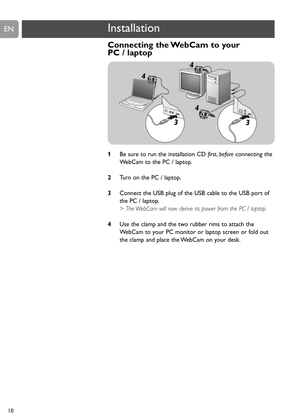 Installation, Connecting the webcam to your pc / laptop | Philips SPC900NC User Manual | Page 10 / 22