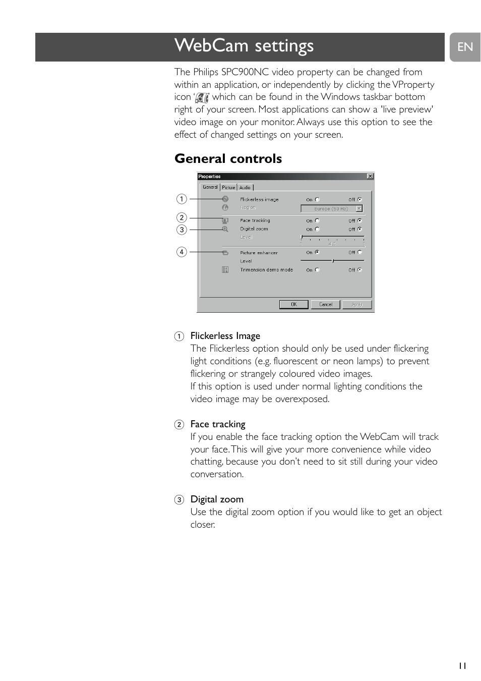 Webcam settings, General controls | Philips SPC900NC User Manual | Page 11 / 22