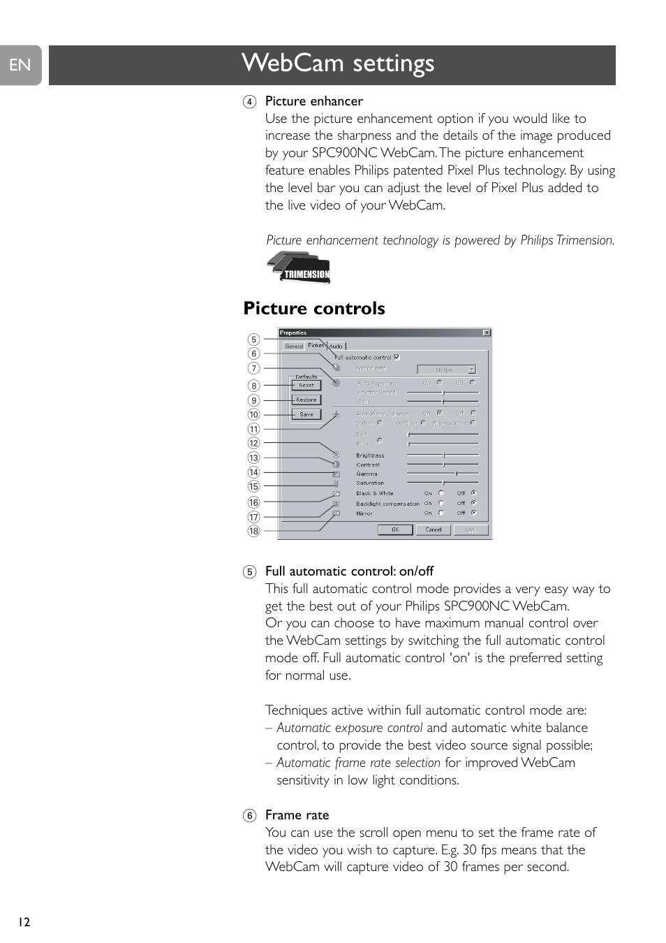 Webcam settings, Picture controls | Philips SPC900NC User Manual | Page 12 / 22