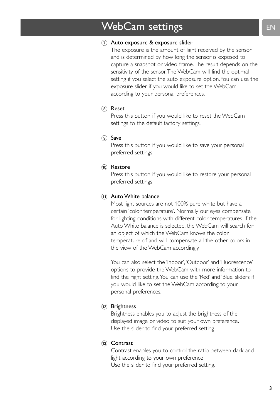 Webcam settings | Philips SPC900NC User Manual | Page 13 / 22