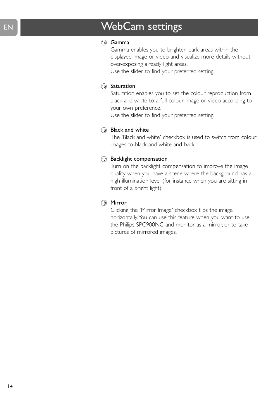 Webcam settings | Philips SPC900NC User Manual | Page 14 / 22