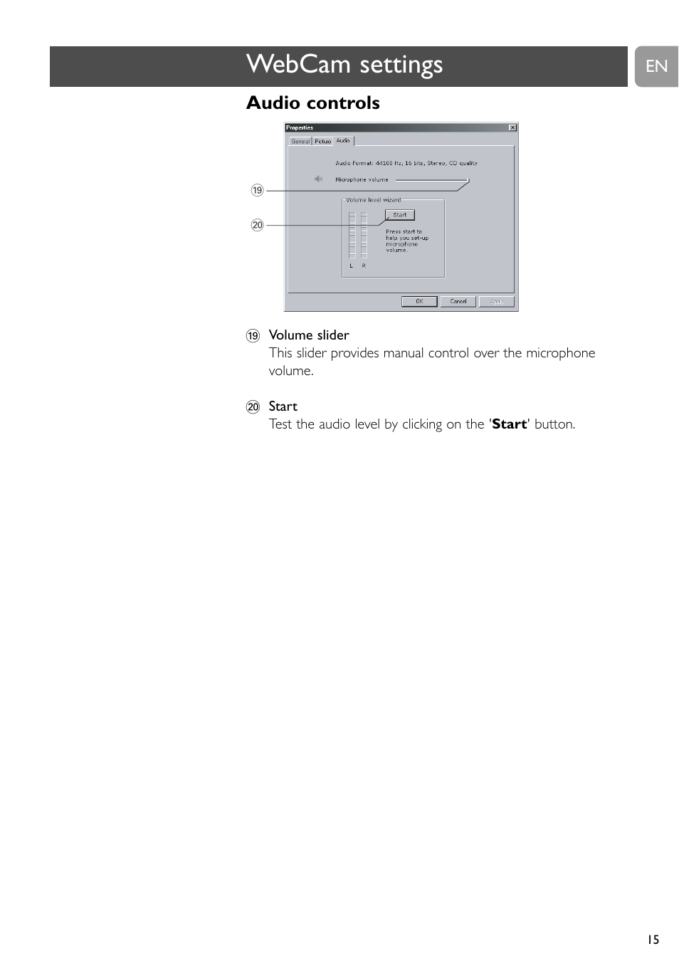 Webcam settings, Audio controls | Philips SPC900NC User Manual | Page 15 / 22