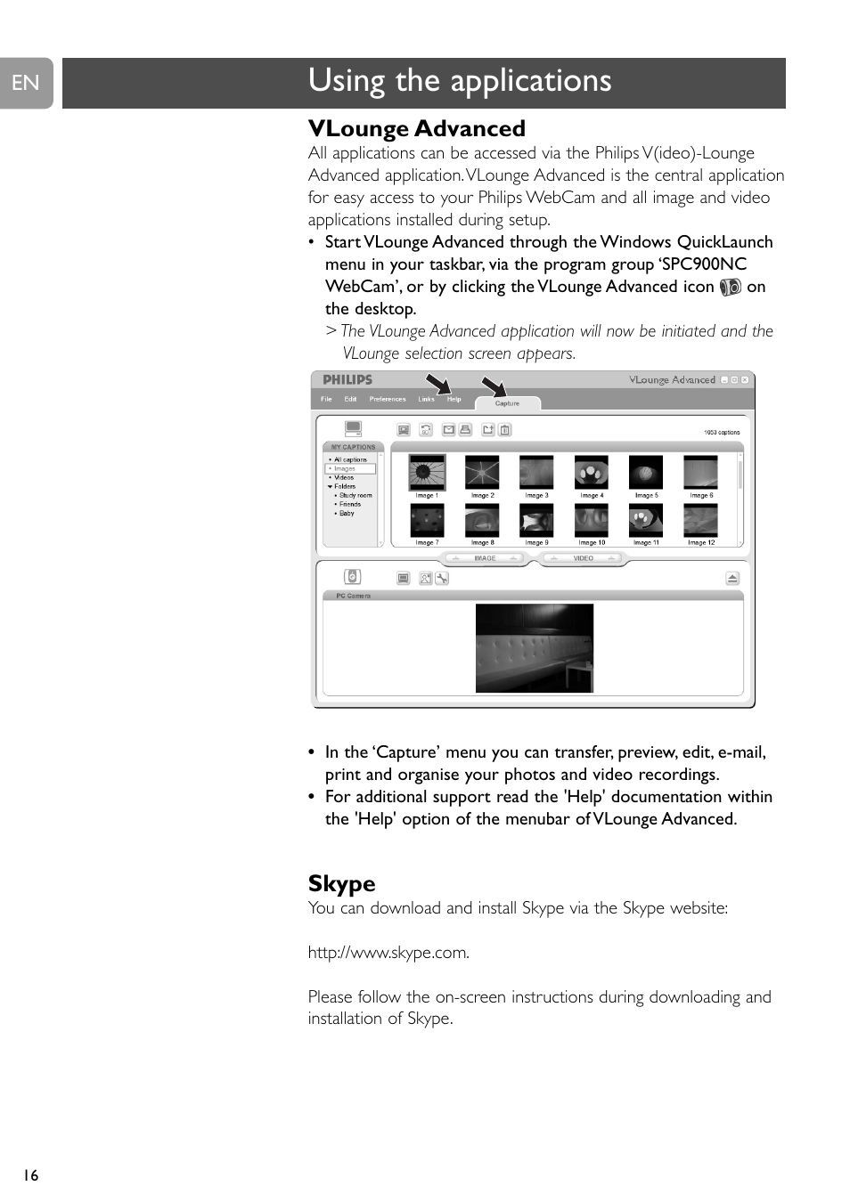 Using the applications, Vlounge advanced, Skype | Philips SPC900NC User Manual | Page 16 / 22