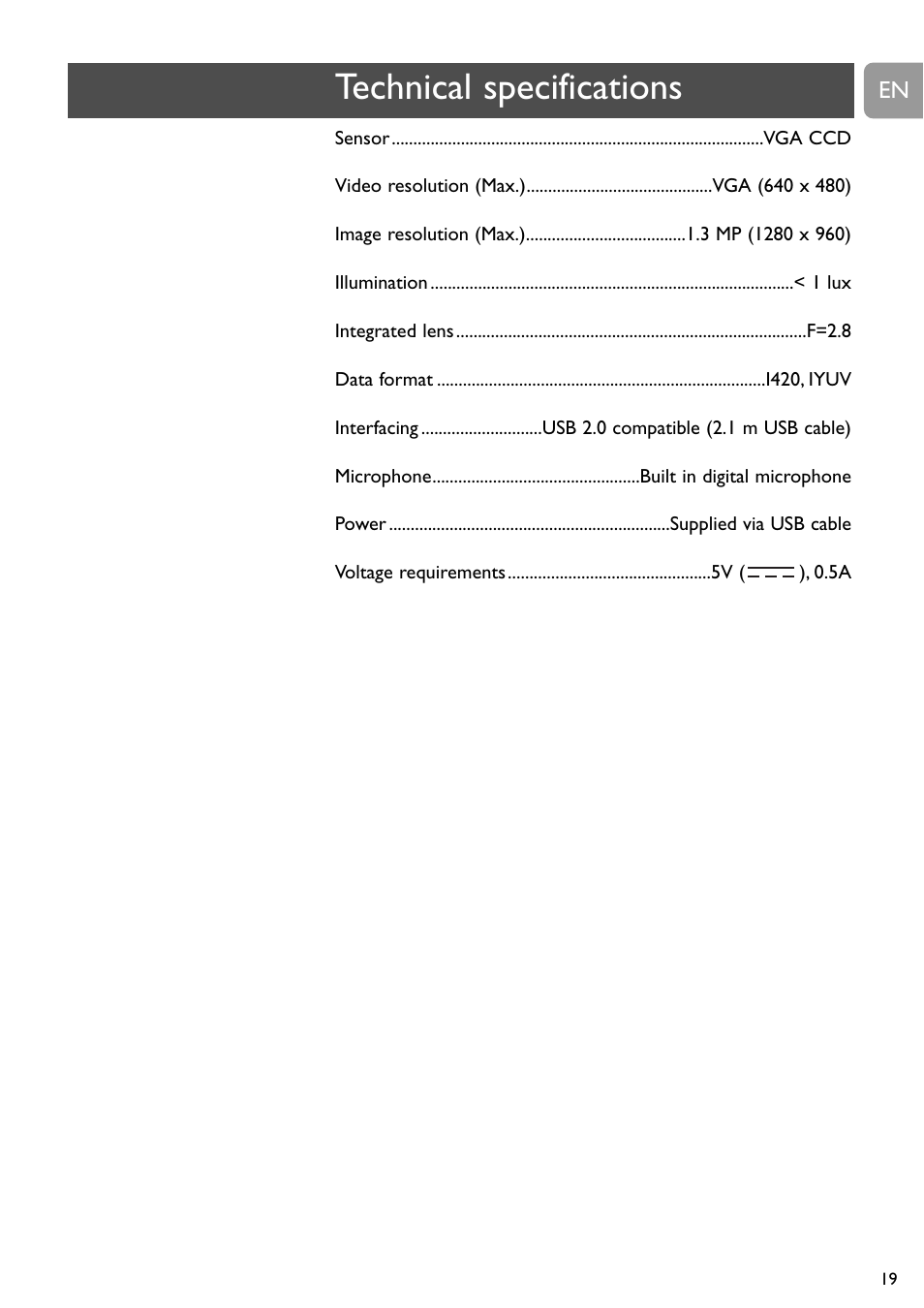 Technical specifications | Philips SPC900NC User Manual | Page 19 / 22