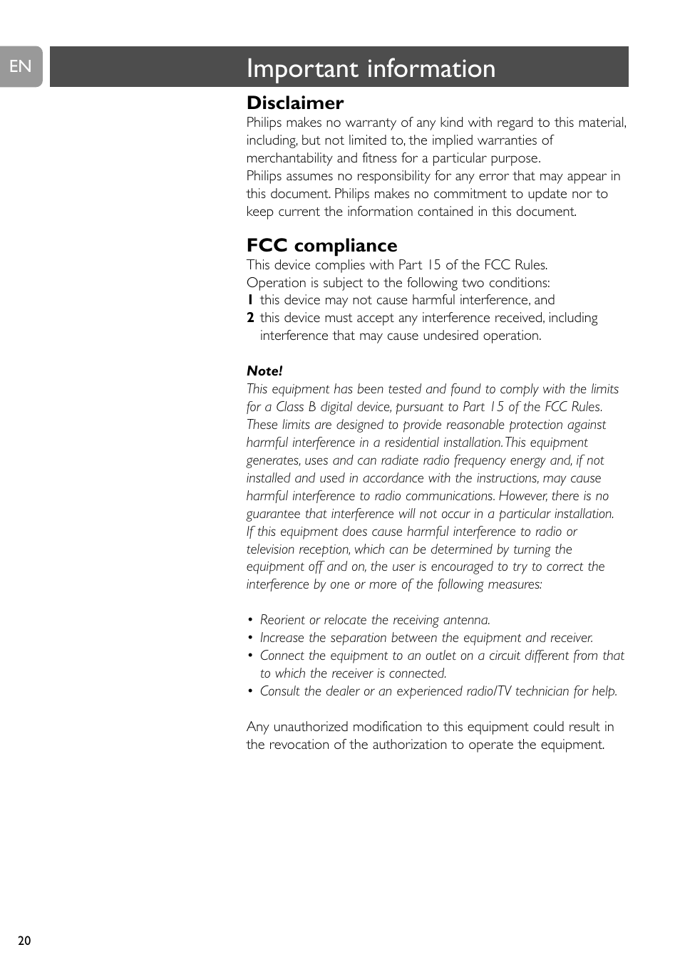 Important information, Disclaimer, Fcc compliance | Philips SPC900NC User Manual | Page 20 / 22