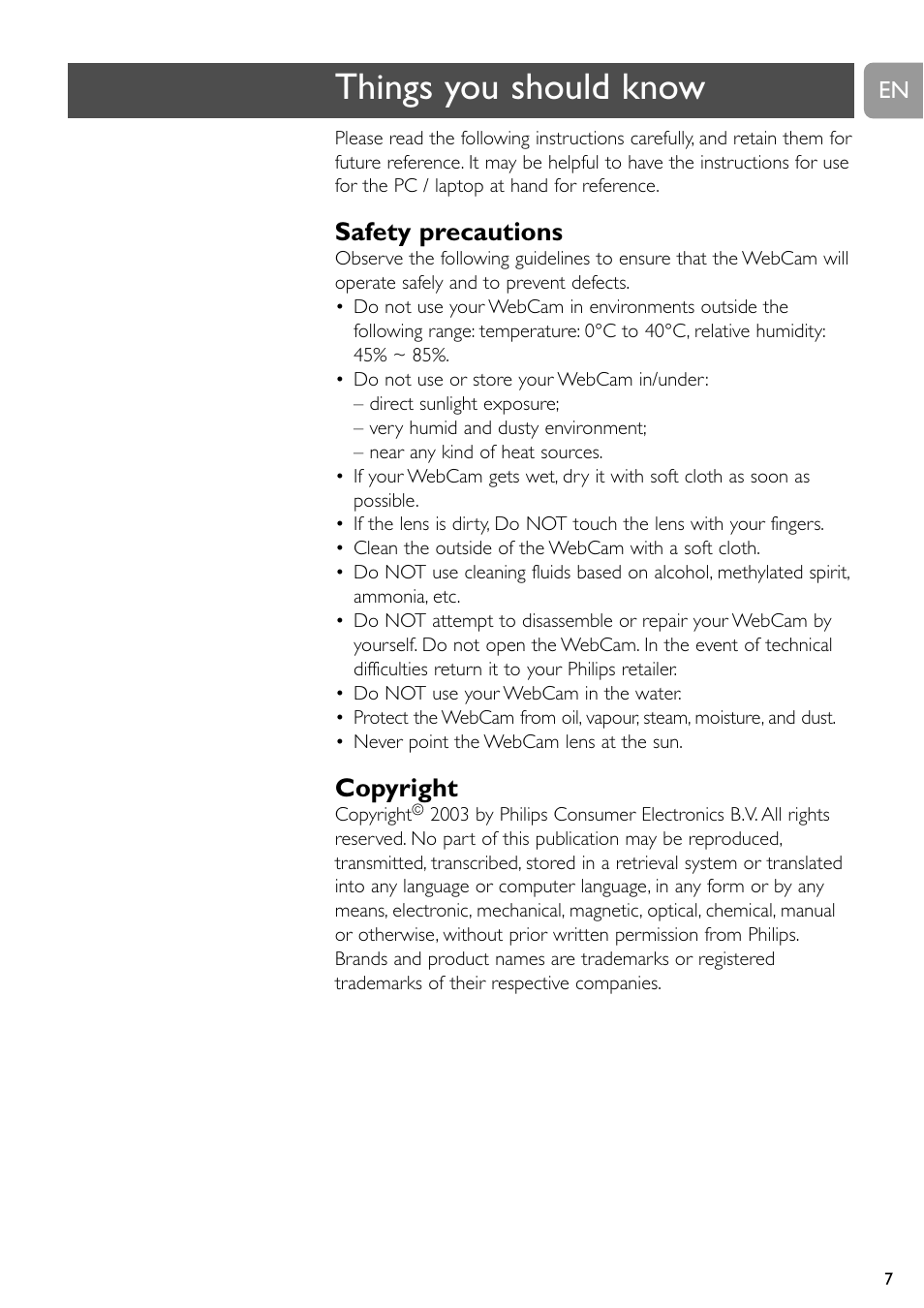 Things you should know, Safety precautions, Copyright | Philips SPC900NC User Manual | Page 7 / 22