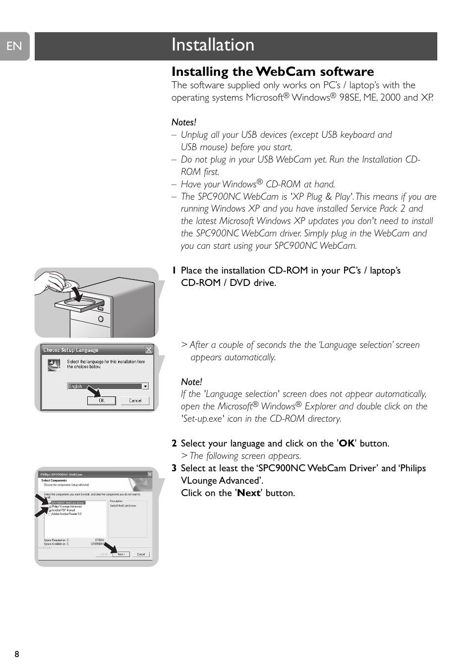 Installation, Installing the webcam software | Philips SPC900NC User Manual | Page 8 / 22