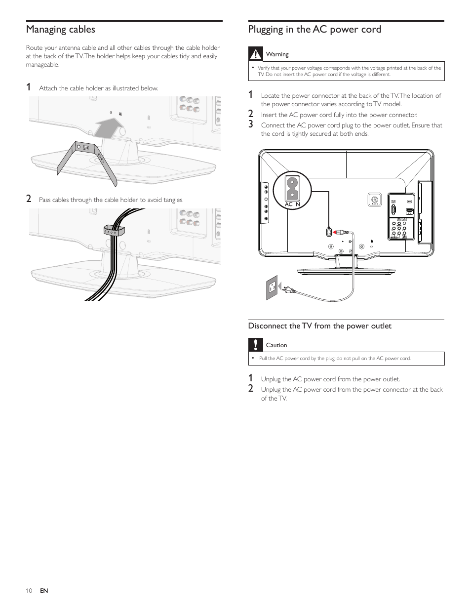 Managing cables, Plugging in the ac power cord | Philips 19PFL4505D User Manual | Page 11 / 37