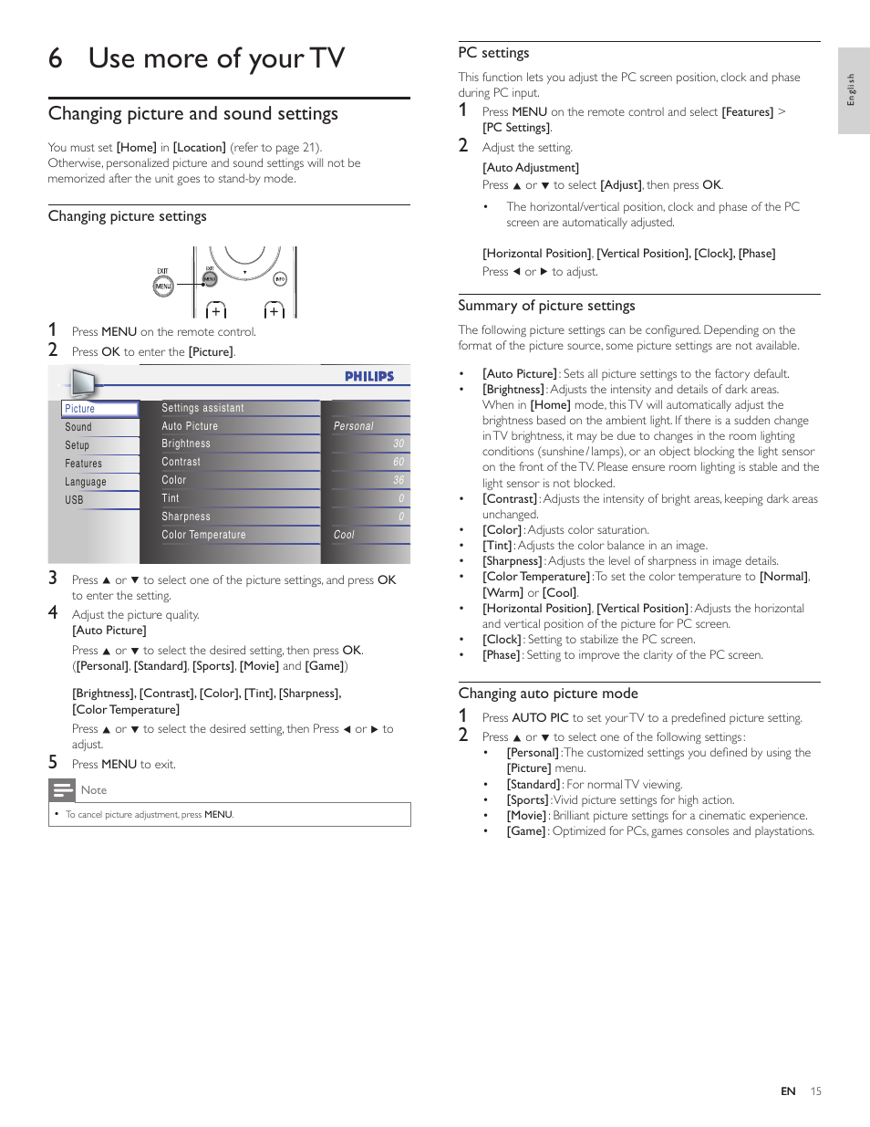 6 use more of your tv, Changing picture and sound settings | Philips 19PFL4505D User Manual | Page 16 / 37