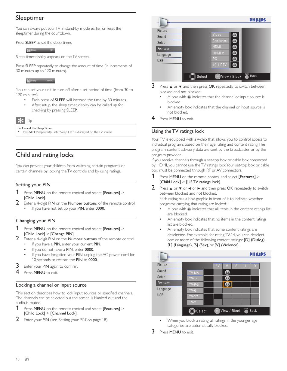 Sleeptimer, Child and rating locks, Using the tv ratings lock | Setting your pin, Changing your pin, Locking a channel or input source | Philips 19PFL4505D User Manual | Page 19 / 37