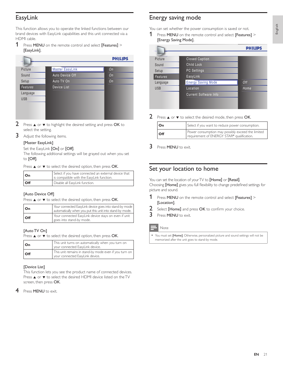 Easylink, Energy saving mode, Set your location to home | Philips 19PFL4505D User Manual | Page 22 / 37