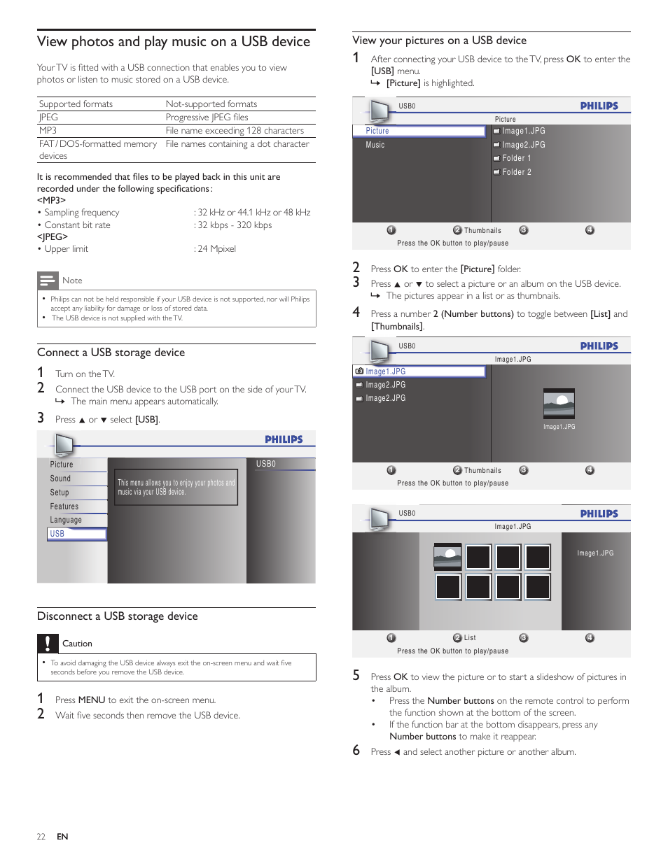 View photos and play music on a usb device, View your pictures on a usb device, Connect a usb storage device | Disconnect a usb storage device | Philips 19PFL4505D User Manual | Page 23 / 37