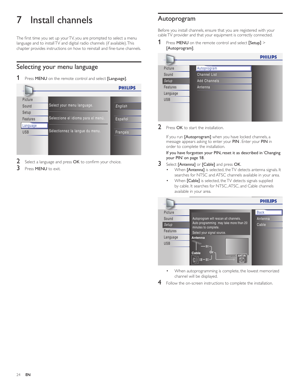 7 install channels, Selecting your menu language, Autoprogram | Selecting your menu language 1 | Philips 19PFL4505D User Manual | Page 25 / 37