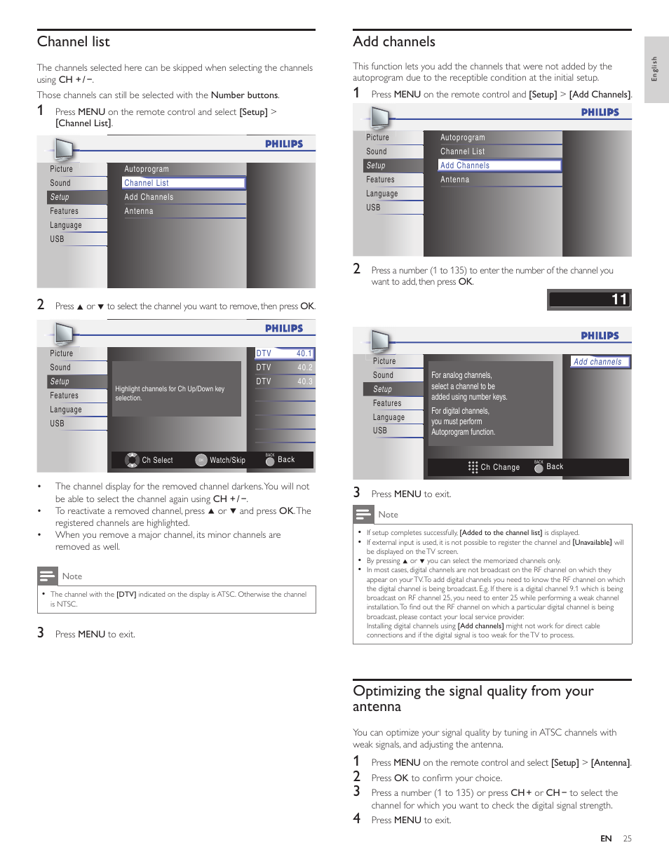 Channel list, Add channels, Optimizing the signal quality from yourantenna | Optimizing the signal quality from your antenna | Philips 19PFL4505D User Manual | Page 26 / 37