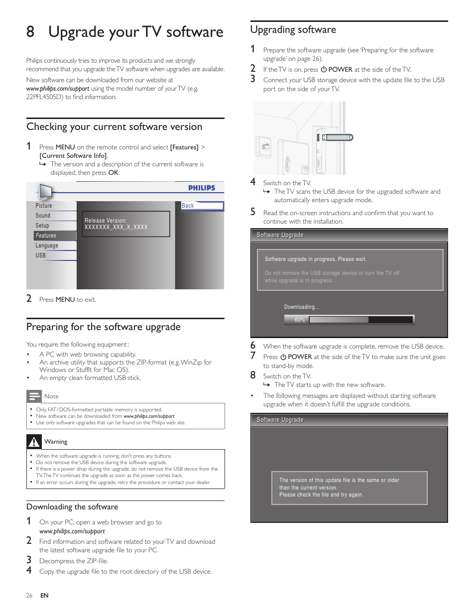 8 upgrade your tv software, Checking your current software version, Preparing for the software upgrade | Upgrading software, Upgrading software 1, Checking your current software version 1 | Philips 19PFL4505D User Manual | Page 27 / 37