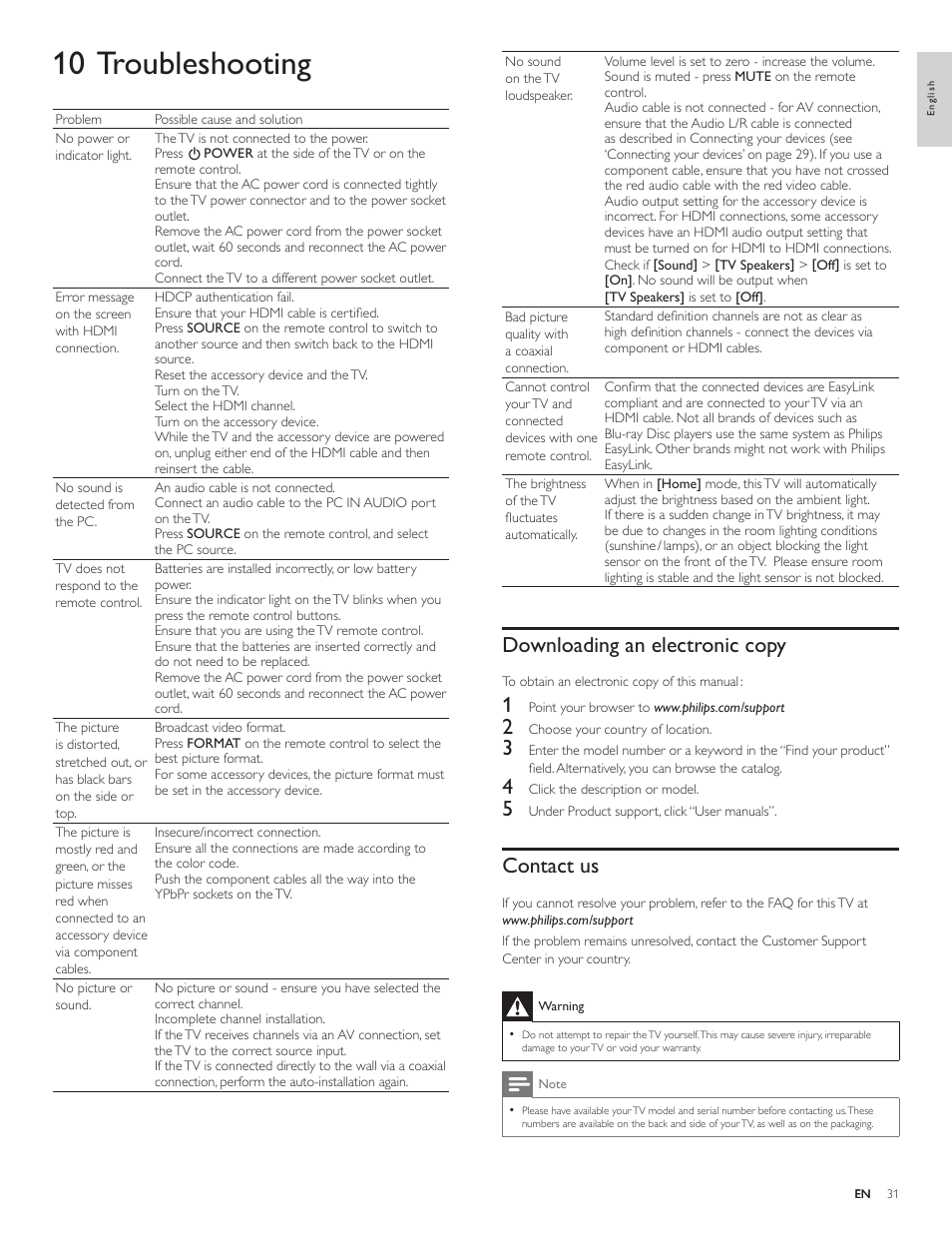 10 troubleshooting, Downloading an electronic copy, Contact us | Philips 19PFL4505D User Manual | Page 32 / 37