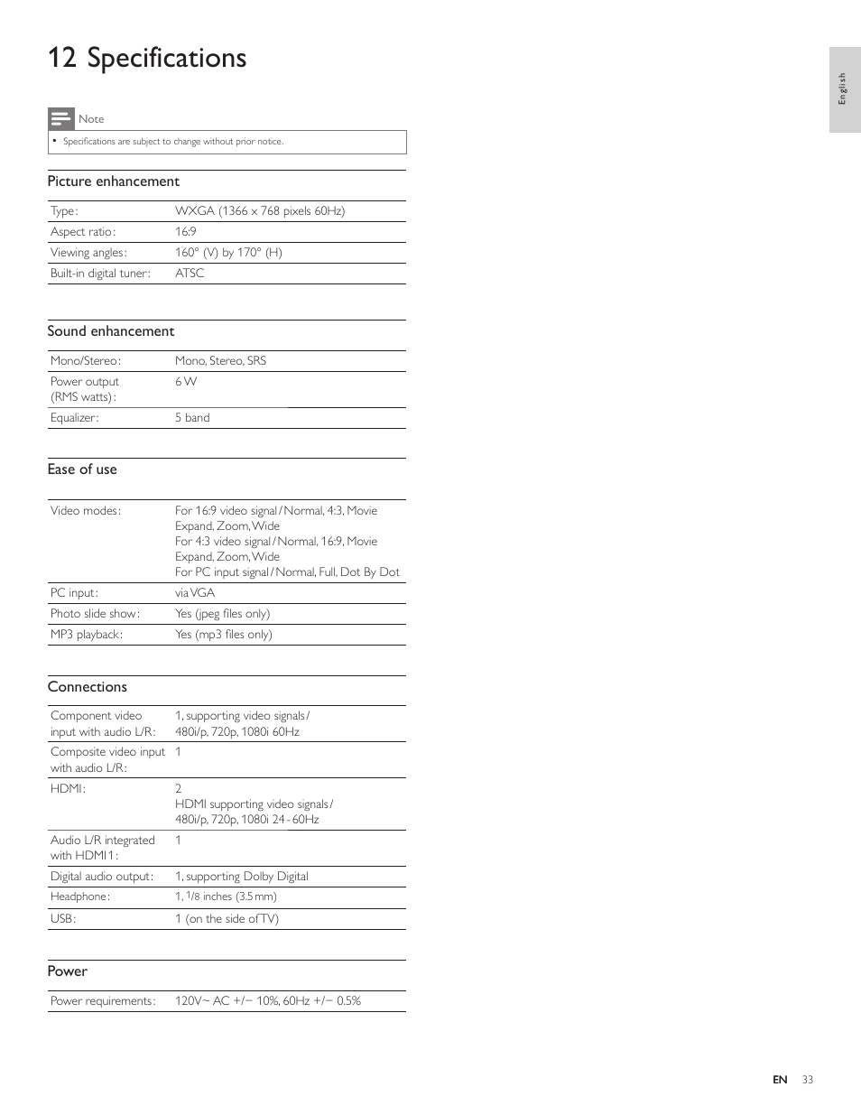 12 specifications | Philips 19PFL4505D User Manual | Page 34 / 37