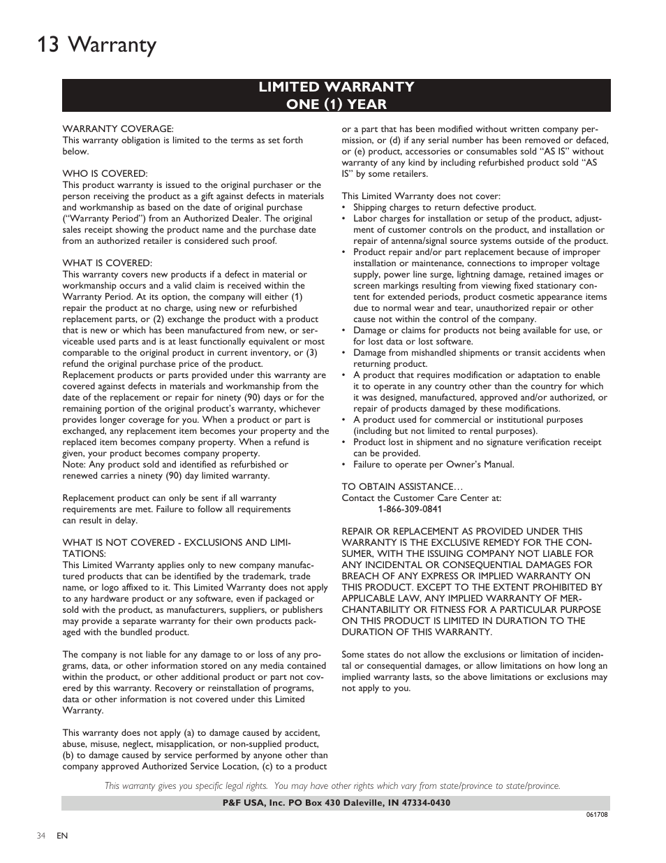 13 warranty, Limited warranty one (1) year | Philips 19PFL4505D User Manual | Page 35 / 37