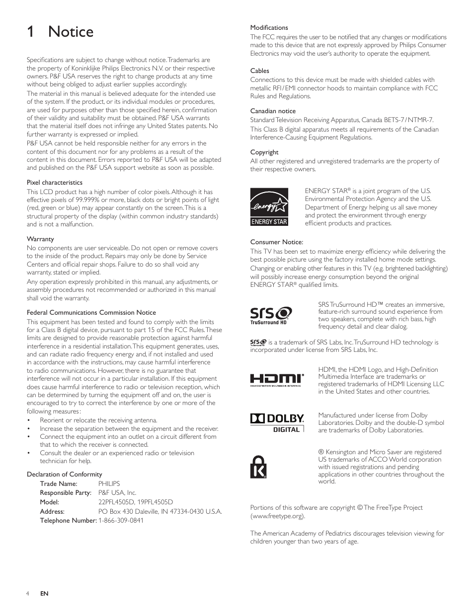 1 notice | Philips 19PFL4505D User Manual | Page 5 / 37