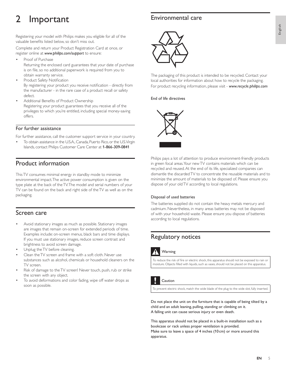 2 important, Product information, Screen care | Environmental care, Regulatory notices | Philips 19PFL4505D User Manual | Page 6 / 37