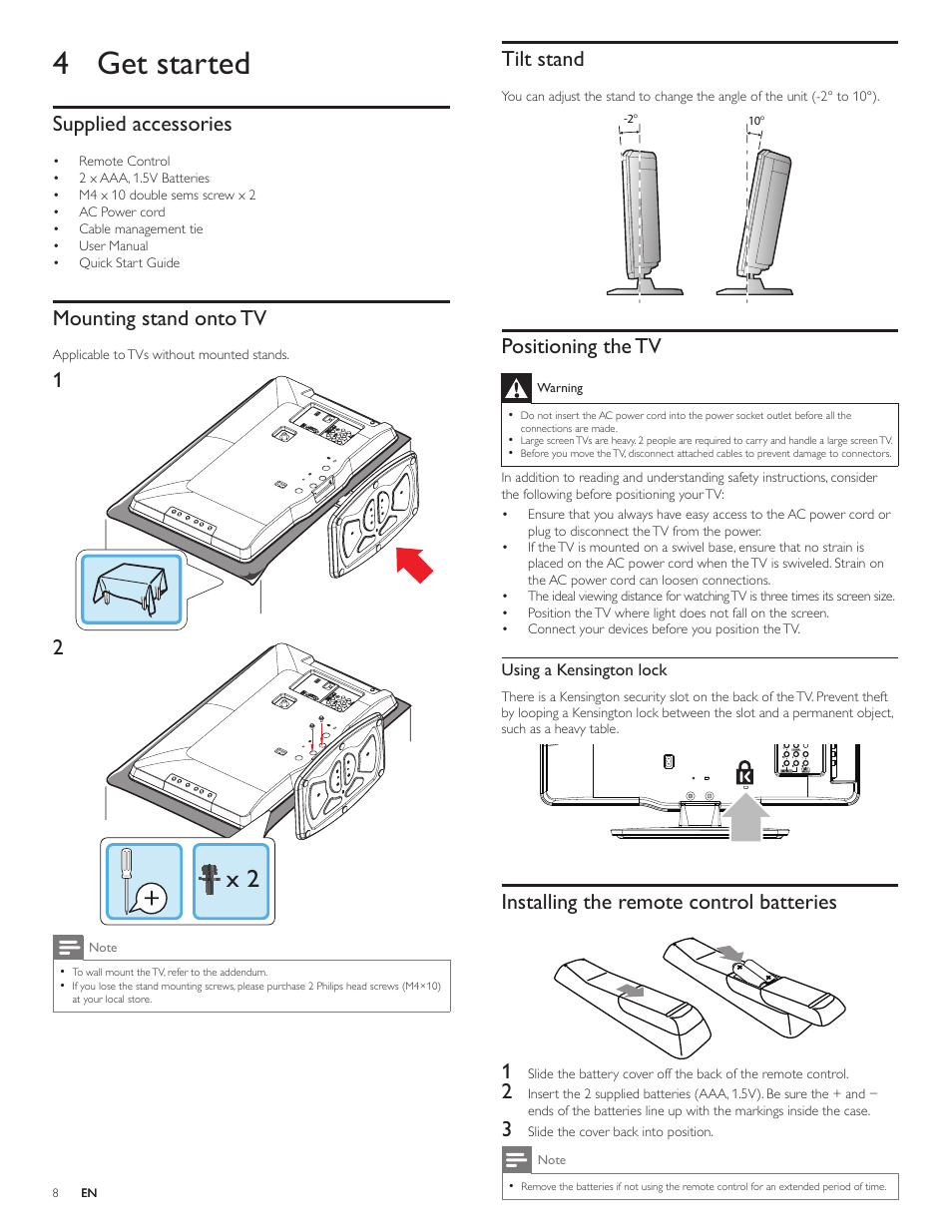 4 get started, Supplied accessories, Mounting stand onto tv | Tilt stand, Positioning the tv, Installing the remote control batteries, Installing the remote control batteries 1 | Philips 19PFL4505D User Manual | Page 9 / 37