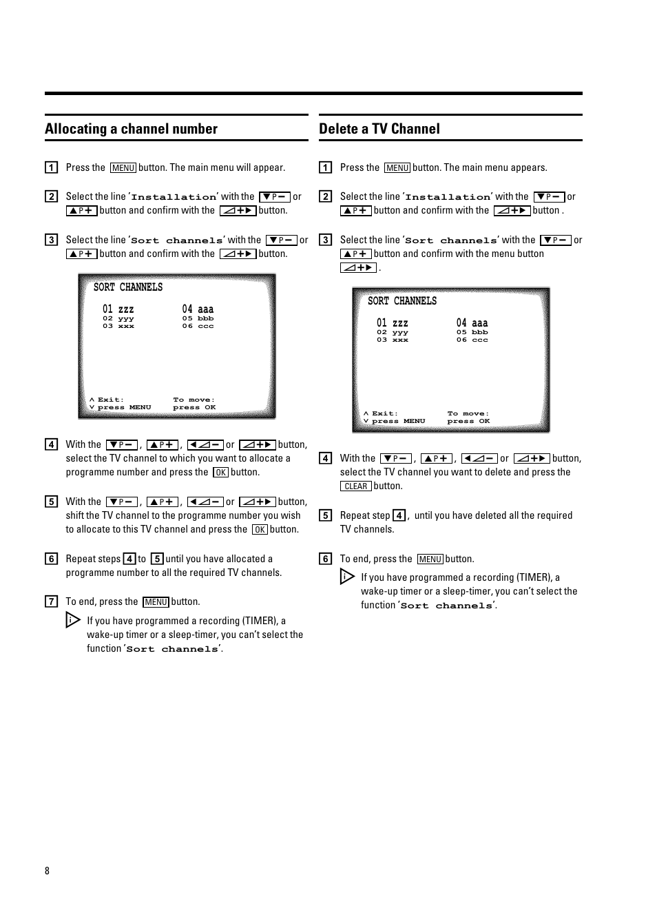 Allocating a channel number, Delete a tv channel | Philips 14PV330/07 User Manual | Page 10 / 28