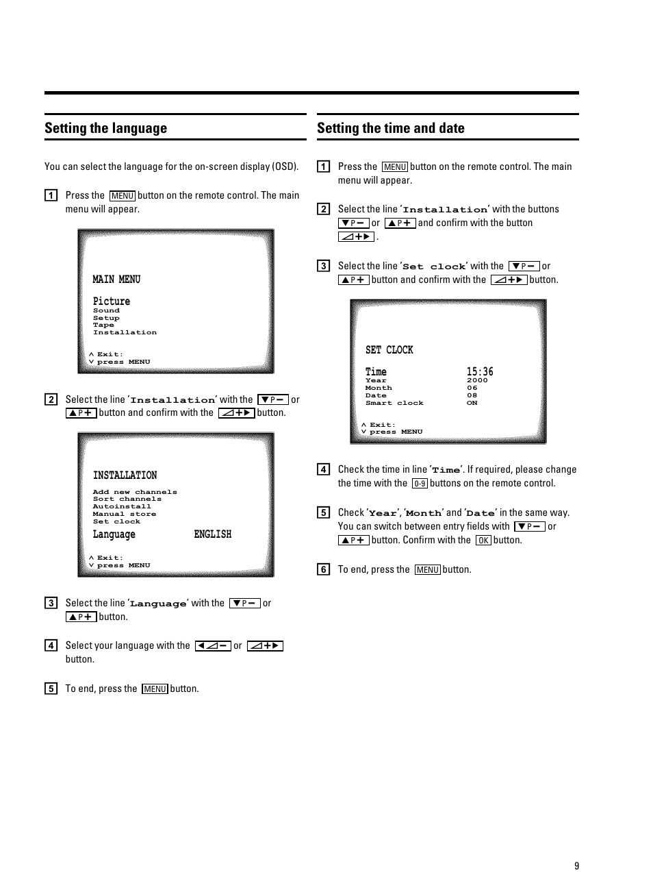 Setting the language, Setting the time and date | Philips 14PV330/07 User Manual | Page 11 / 28