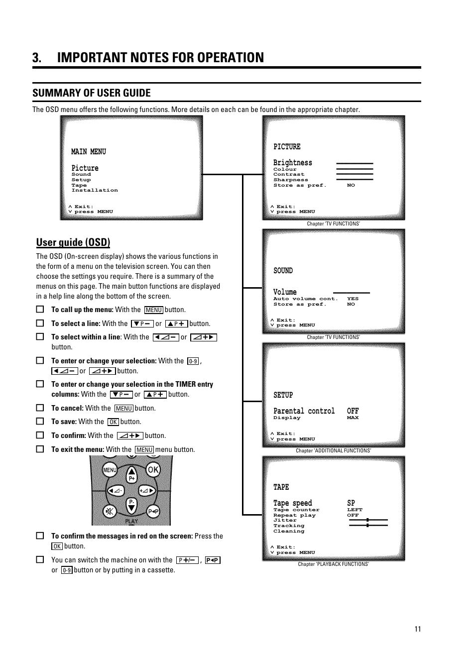 Important notes for operation, Summary of user guide, User guide (osd) | Philips 14PV330/07 User Manual | Page 13 / 28