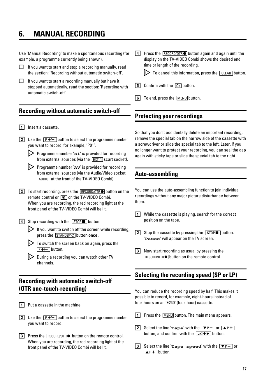 Manual recording, Recording without automatic switch-off, Protecting your recordings | Auto-assembling, Selecting the recording speed (sp or lp) | Philips 14PV330/07 User Manual | Page 19 / 28