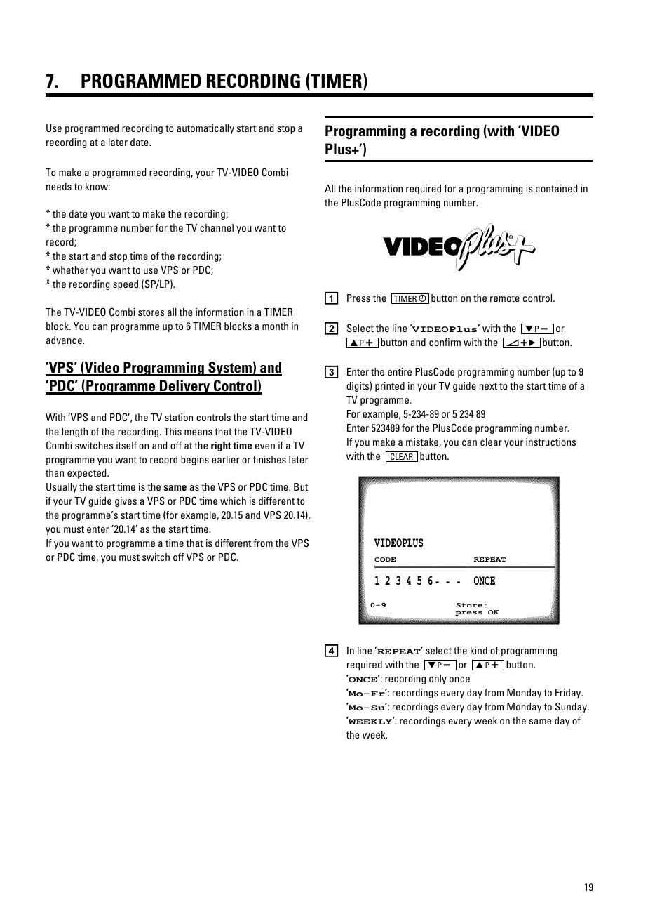 Programmed recording (timer), Programming a recording (with ’video plus+’) | Philips 14PV330/07 User Manual | Page 21 / 28