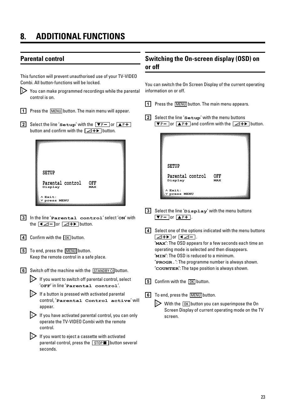 Additional functions, Parental control, Switching the on-screen display (osd) on or off | Philips 14PV330/07 User Manual | Page 25 / 28