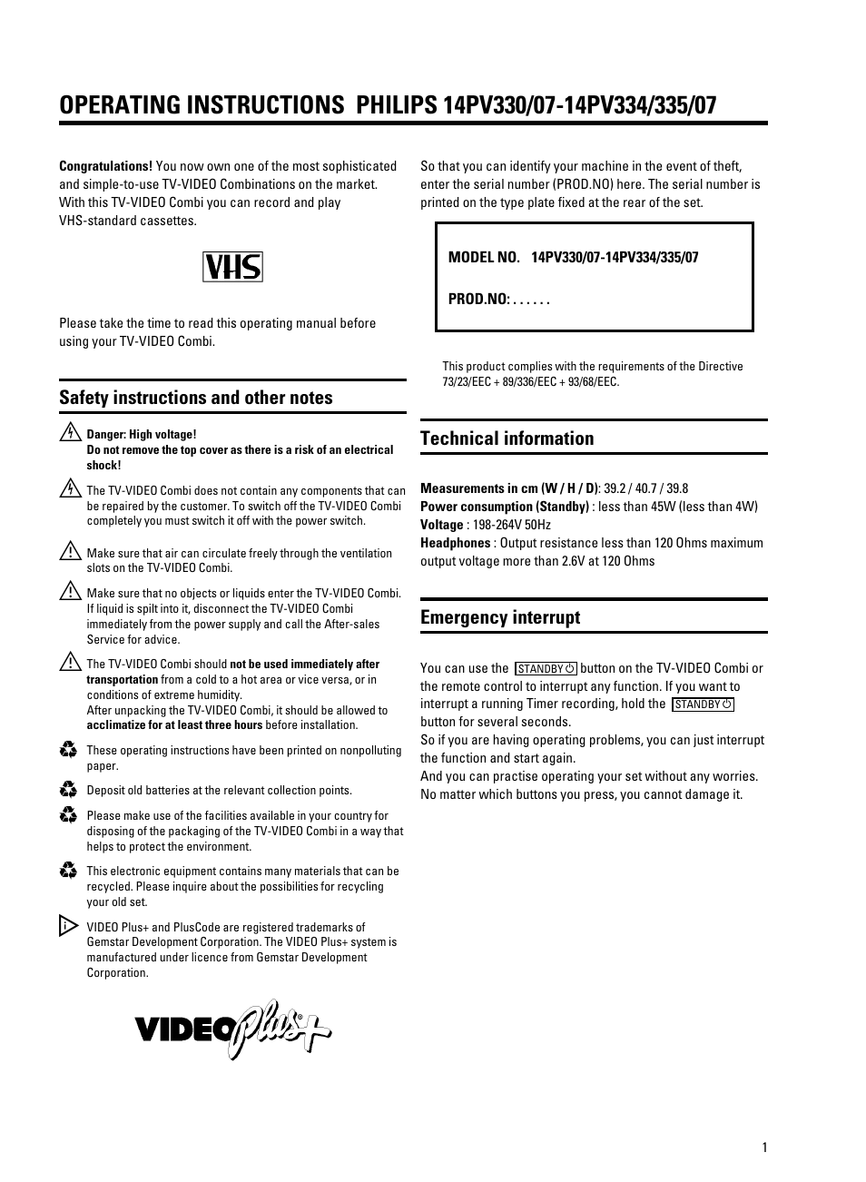 Technical information, Emergency interrupt | Philips 14PV330/07 User Manual | Page 4 / 28