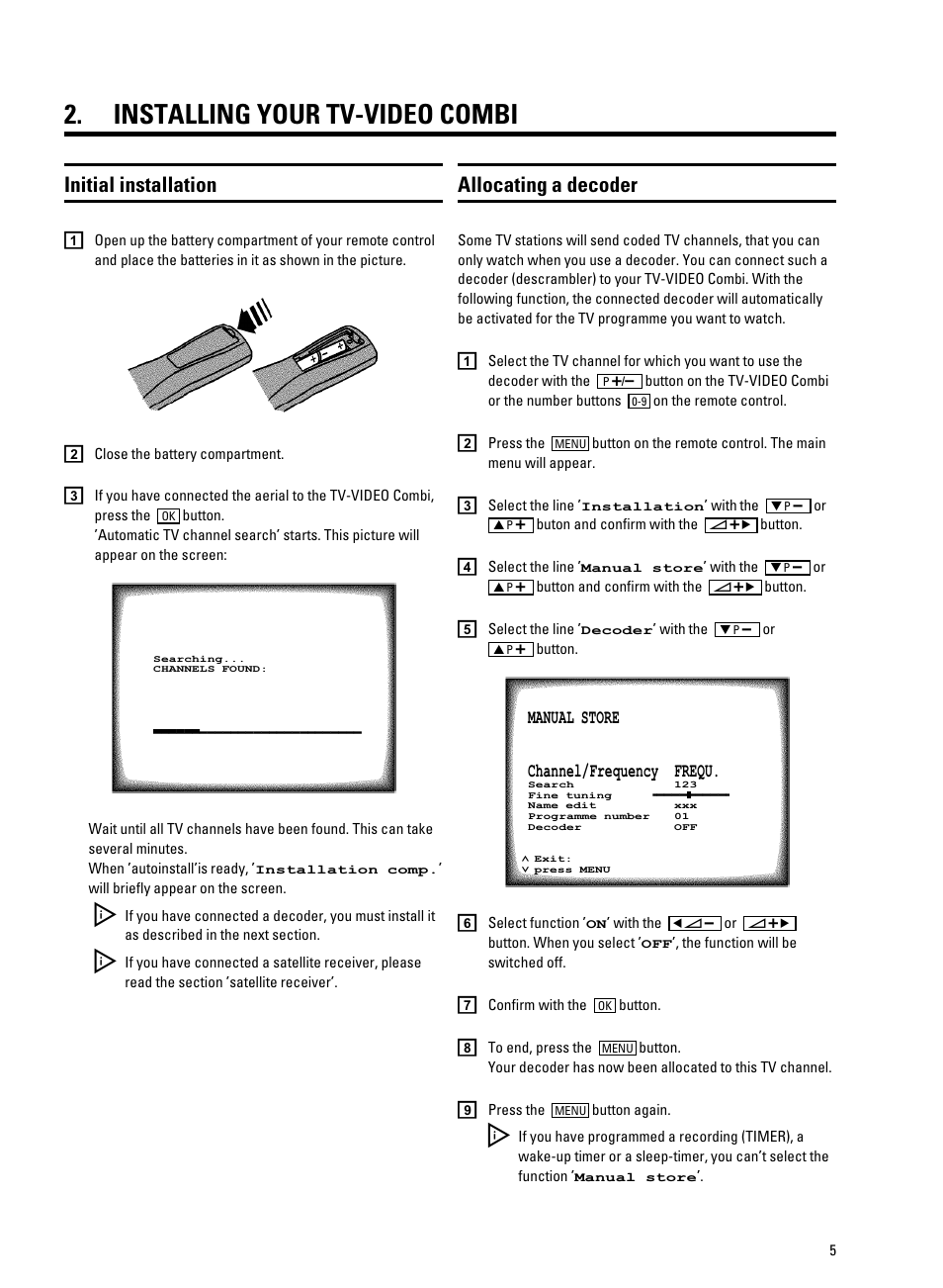 Installing your tv-video combi, Initial installation, Allocating a decoder | Philips 14PV330/07 User Manual | Page 7 / 28