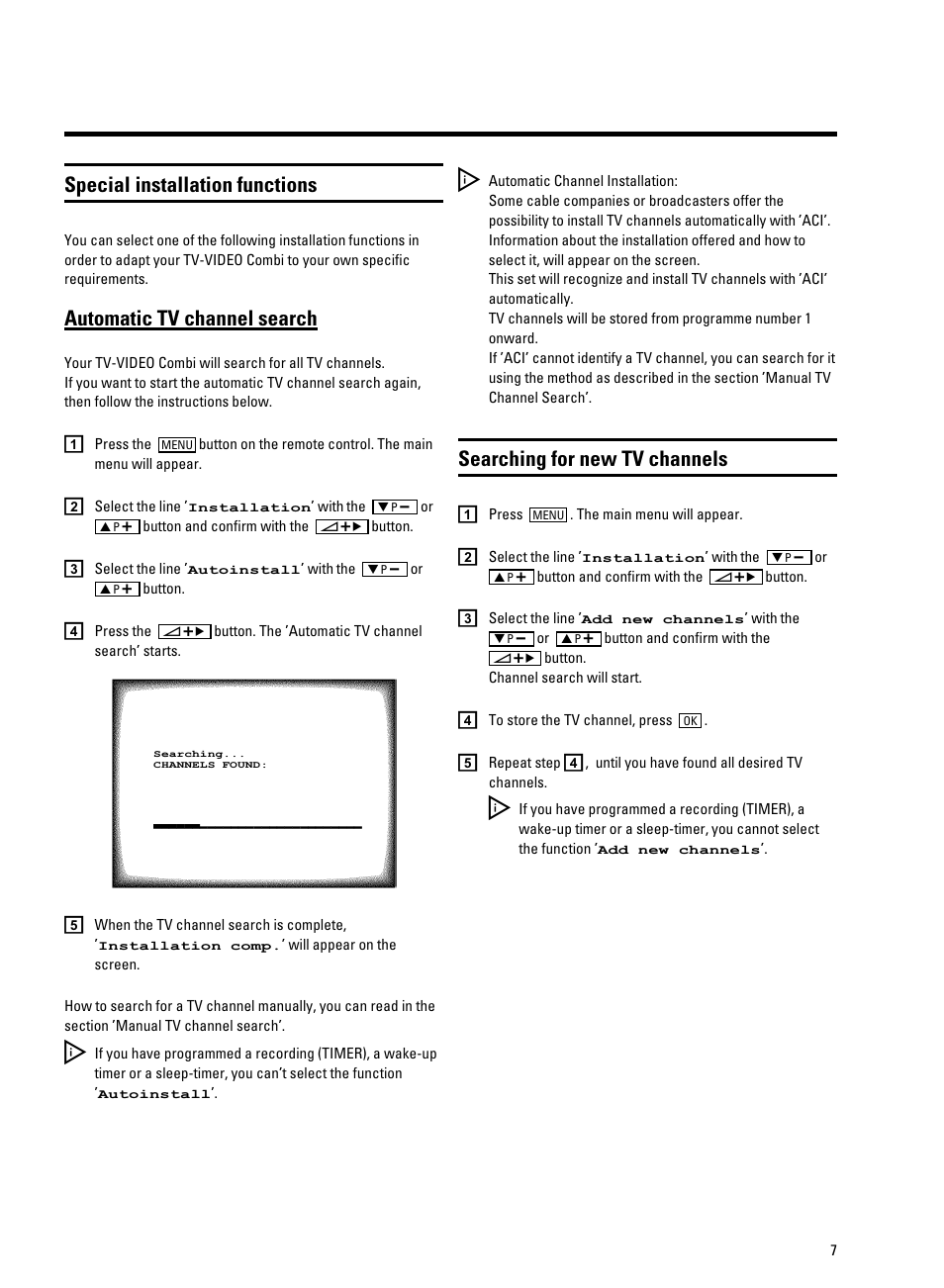 Special installation functions, Automatic tv channel search, Searching for new tv channels | Philips 14PV330/07 User Manual | Page 9 / 28