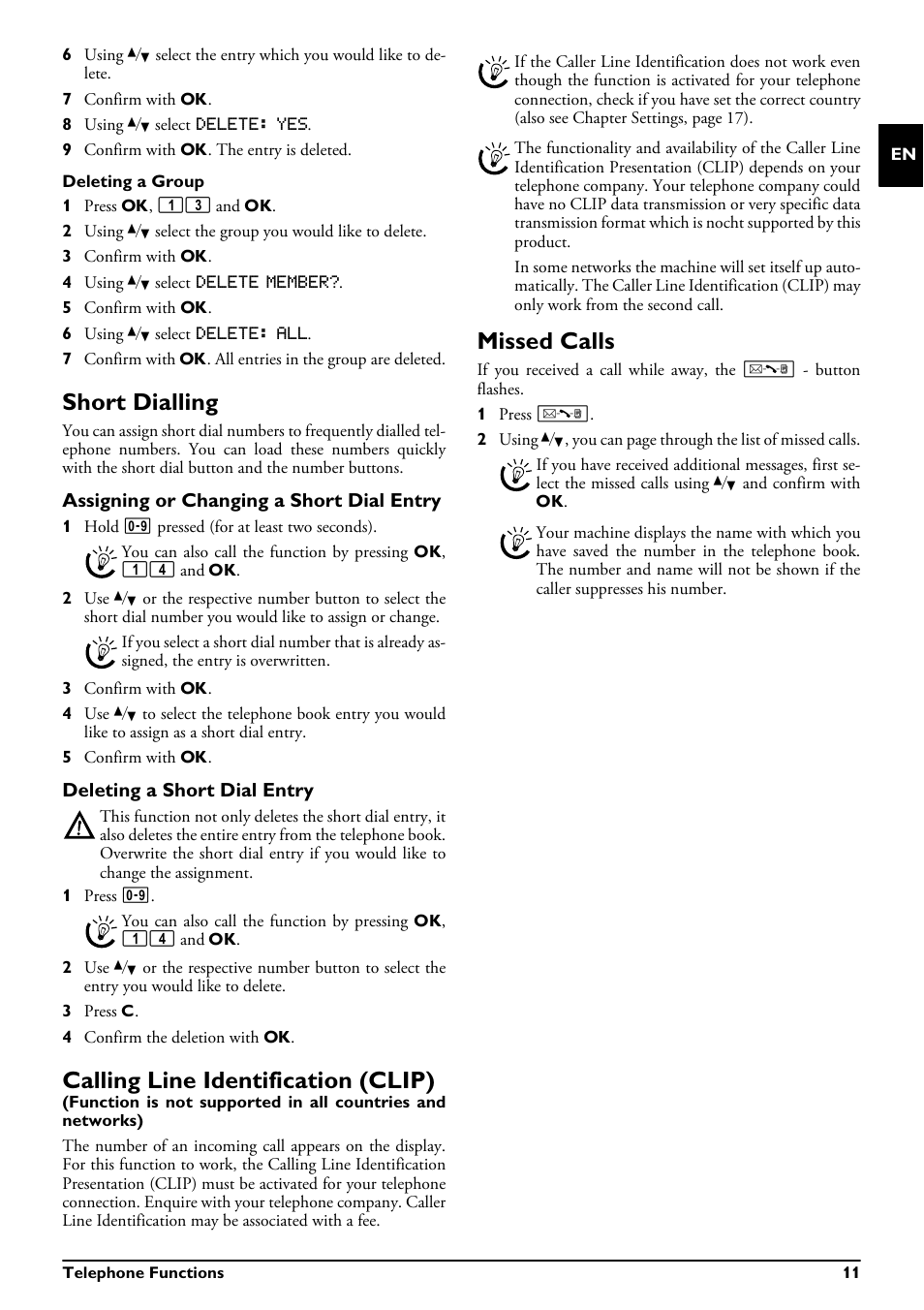 Short dialling, Assigning or changing a short dial entry, Deleting a short dial entry | Calling line identification (clip), Missed calls | Philips MAGIC 5 ECO PPF 620 User Manual | Page 11 / 32