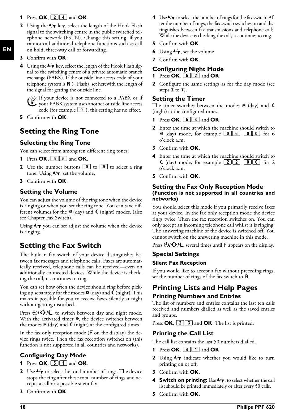 Setting the ring tone, Selecting the ring tone, Setting the volume | Setting the fax switch, Configuring day mode, Configuring night mode, Setting the timer, Setting the fax only reception mode, Special settings, Printing numbers and entries | Philips MAGIC 5 ECO PPF 620 User Manual | Page 18 / 32